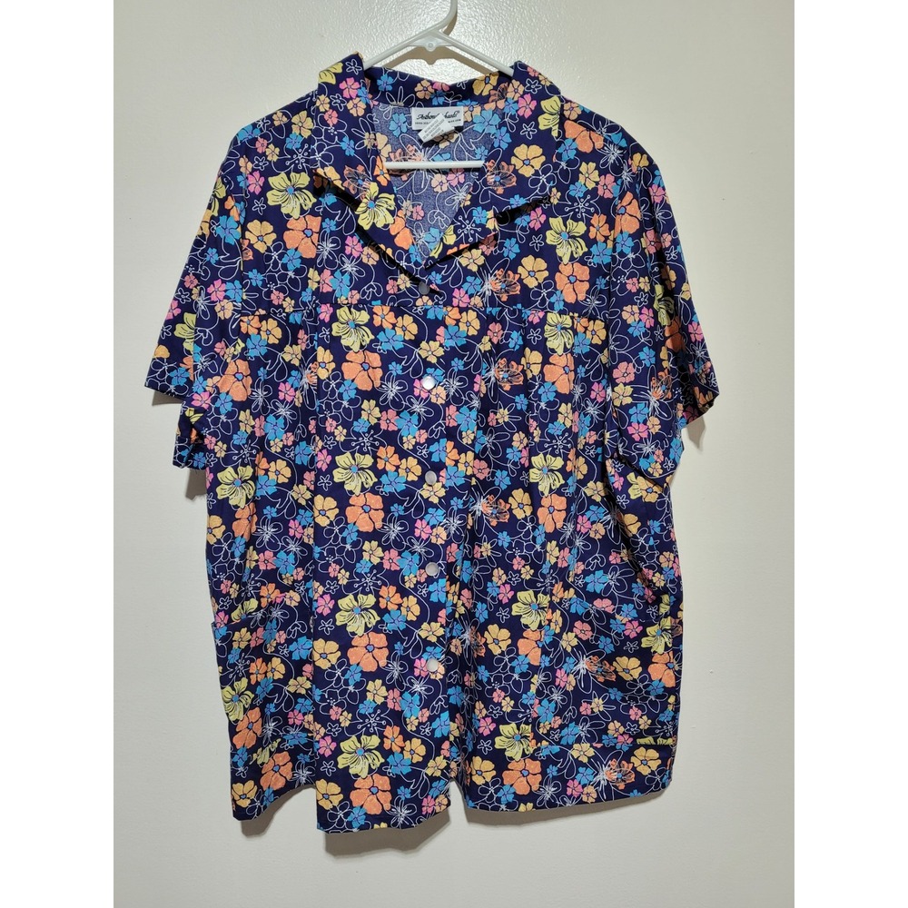 Anthony Richards Floral Button Down Shirt Womens‎ 3X Navy Blue Short Sleeve